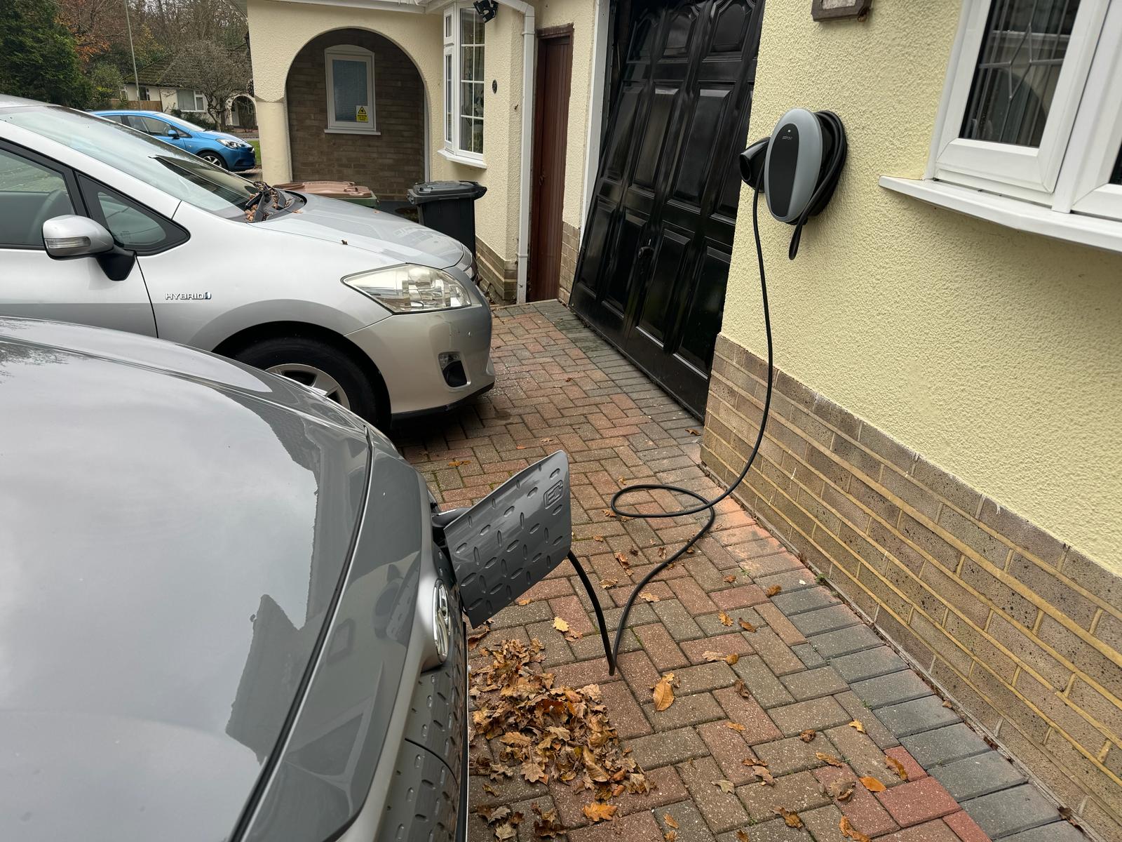 pod point ev charging point installed at the front of the property including new consumer unit for home