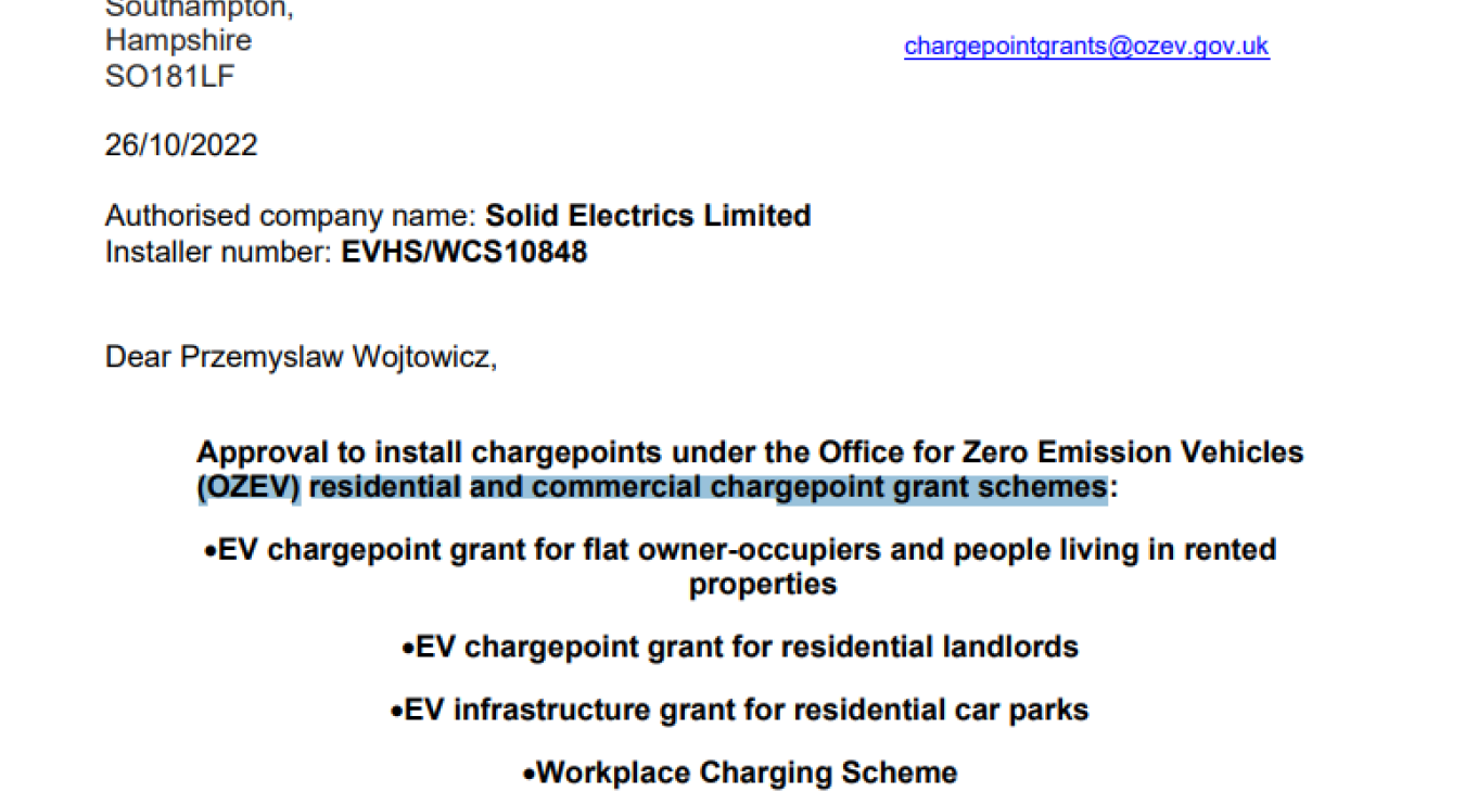 (OZEV) Residential & Commercial Charge Point Grant Schemes